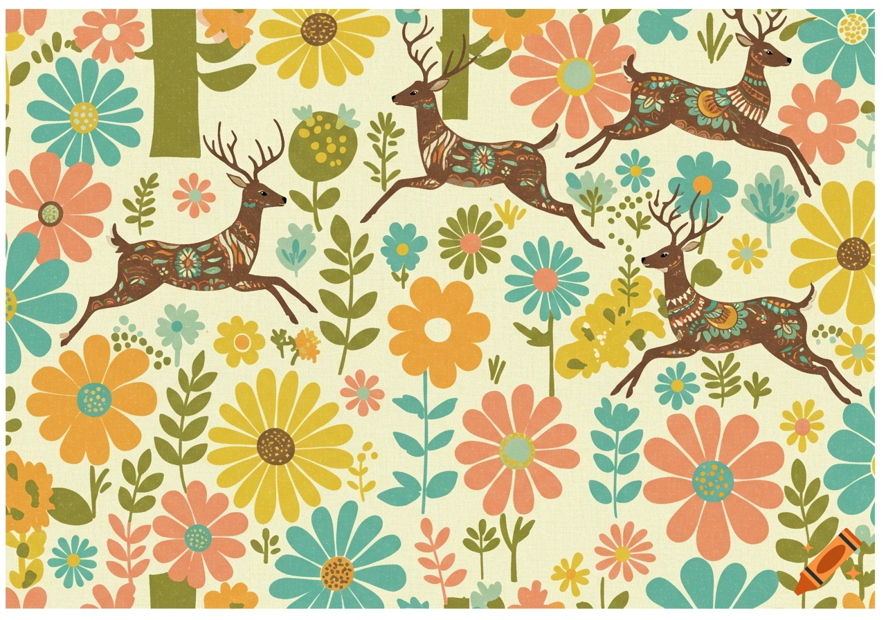 Colorful 60s folk art pattern featuring leaping deer amidst a variety of stylized flowers.