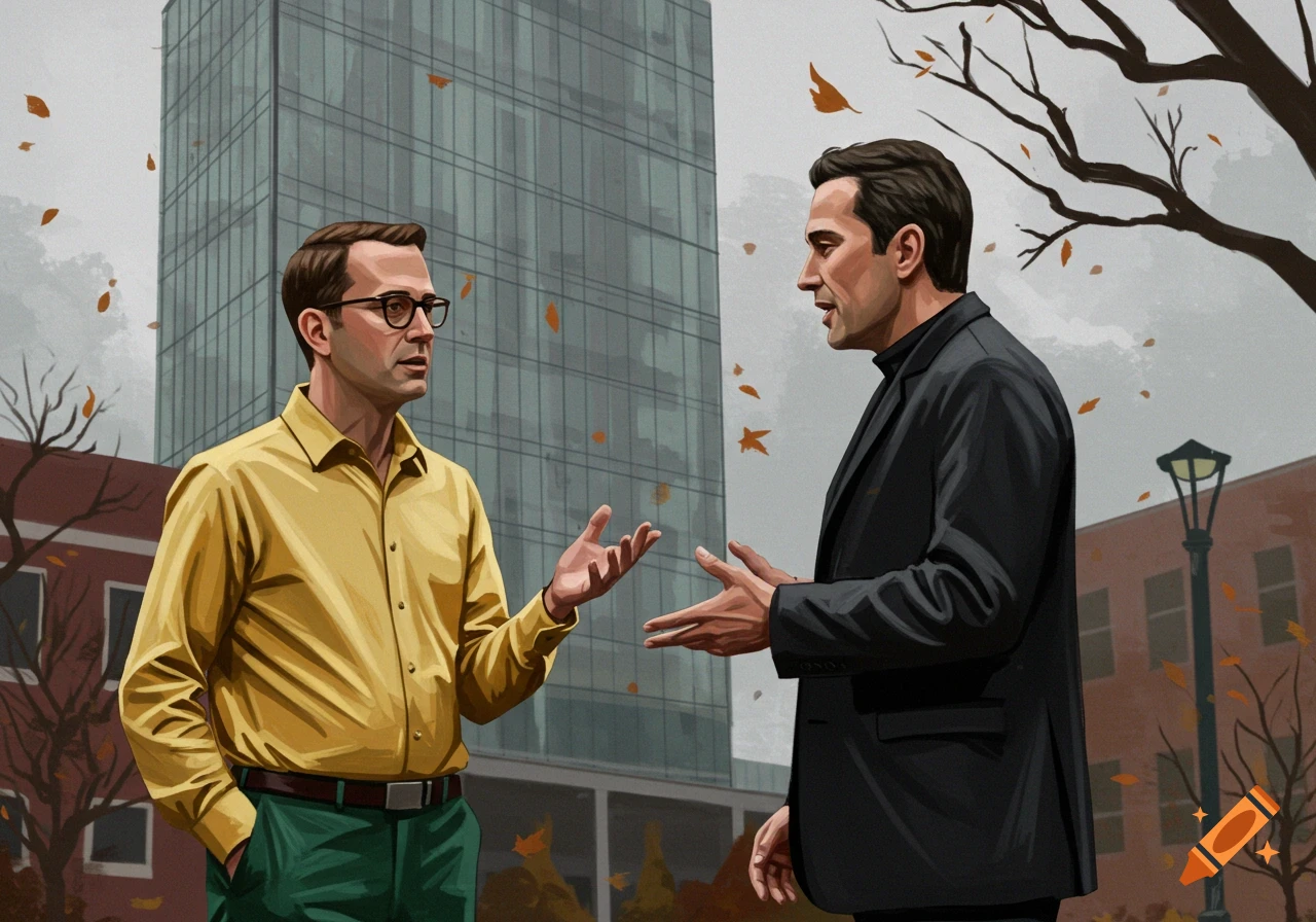 Illustration of two men, one in a yellow shirt and glasses, the other in a black blazer, gesturing while talking outdoors in front of a modern building with falling autumn leaves.