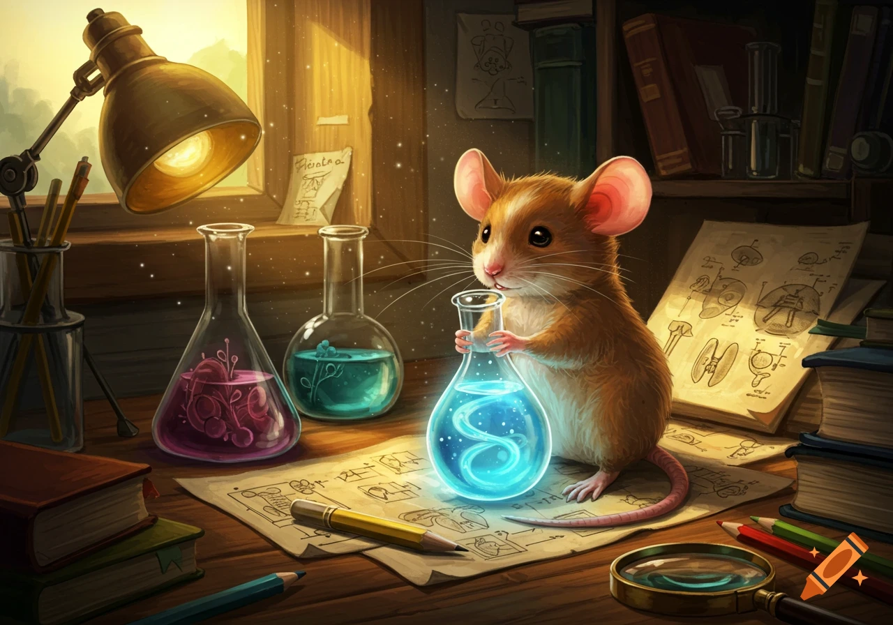 A cute brown mouse holding a glowing blue flask, surrounded by colorful beakers and scientific papers on a wooden desk with a lamp.
