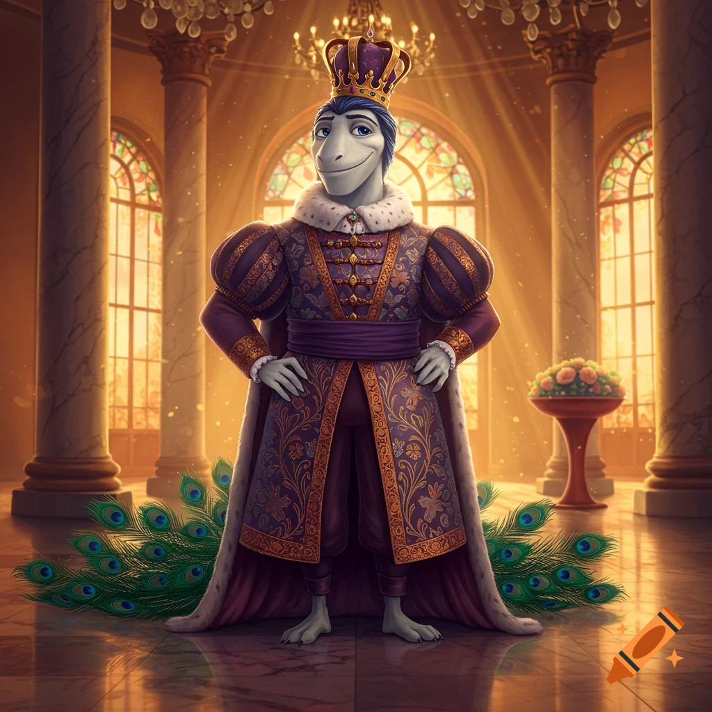 A proud blue-skinned, humanoid creature in a purple and gold regal king's outfit and crown stands in a sunlit palace hall.
