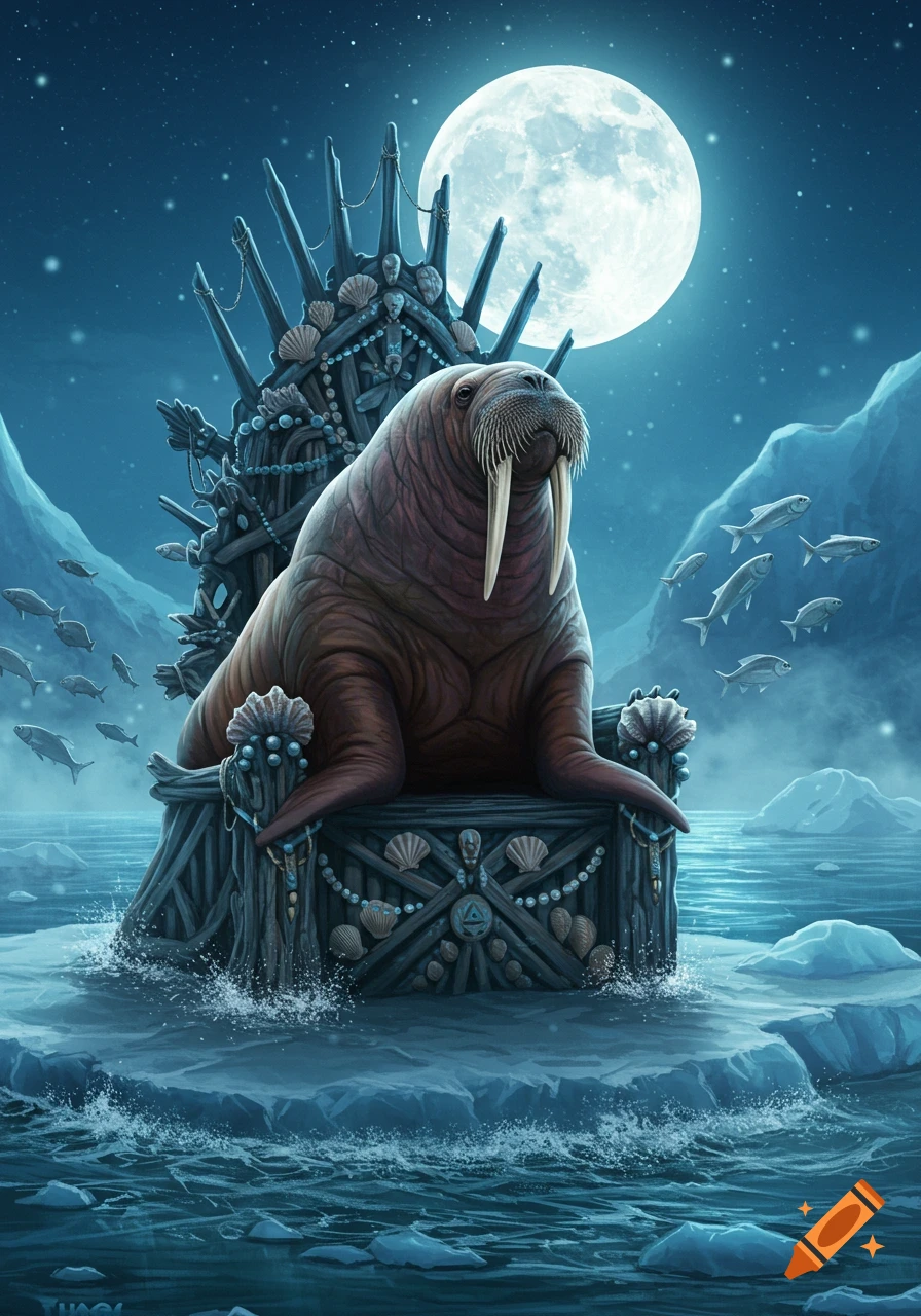 A majestic walrus with tusks sits on an ornate, shell-decorated wooden throne in icy waters under a large full moon and starry night sky.