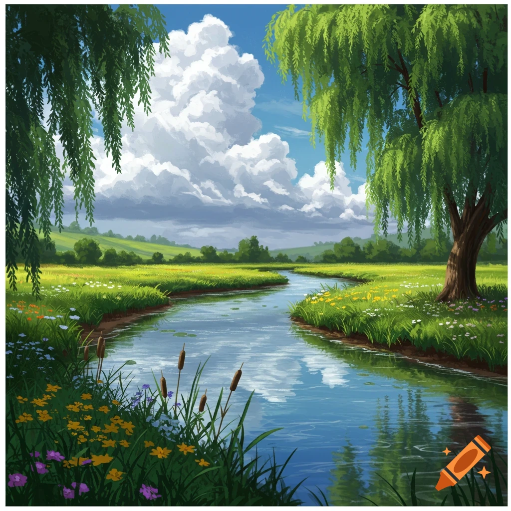 Lush green landscape illustration with a winding river, wildflowers, weeping willows, and a cloudy blue sky.