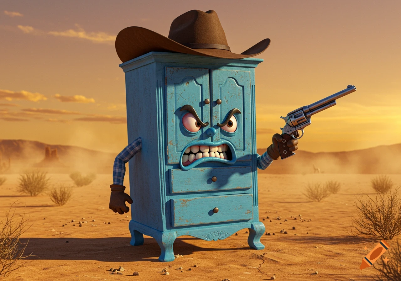 An angry, anthropomorphic blue china cabinet wearing a cowboy hat and holding a revolver, standing in a desert at sunset.