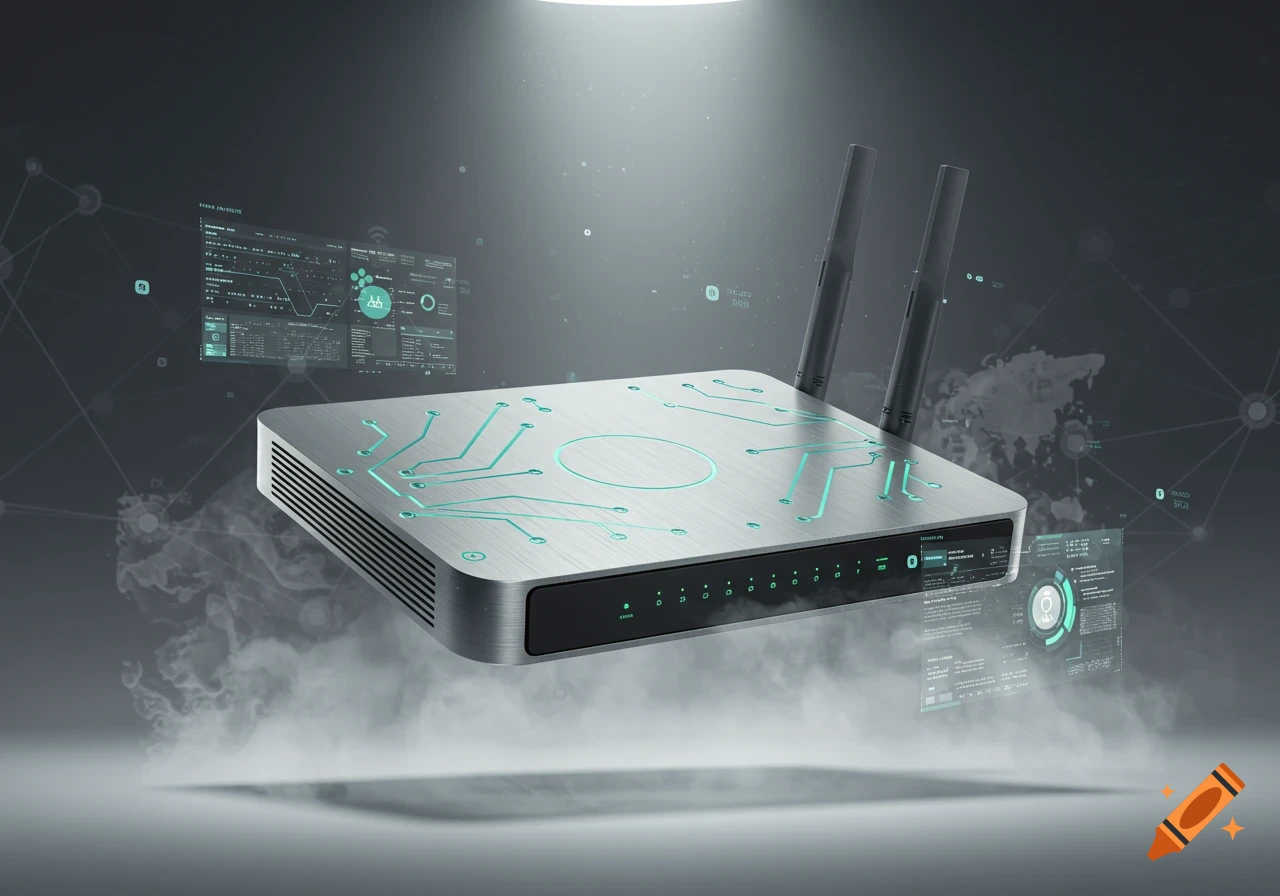 Sleek silver wireless router with teal circuits floats in smoke, surrounded by holographic data displays in a dark, futuristic setting.