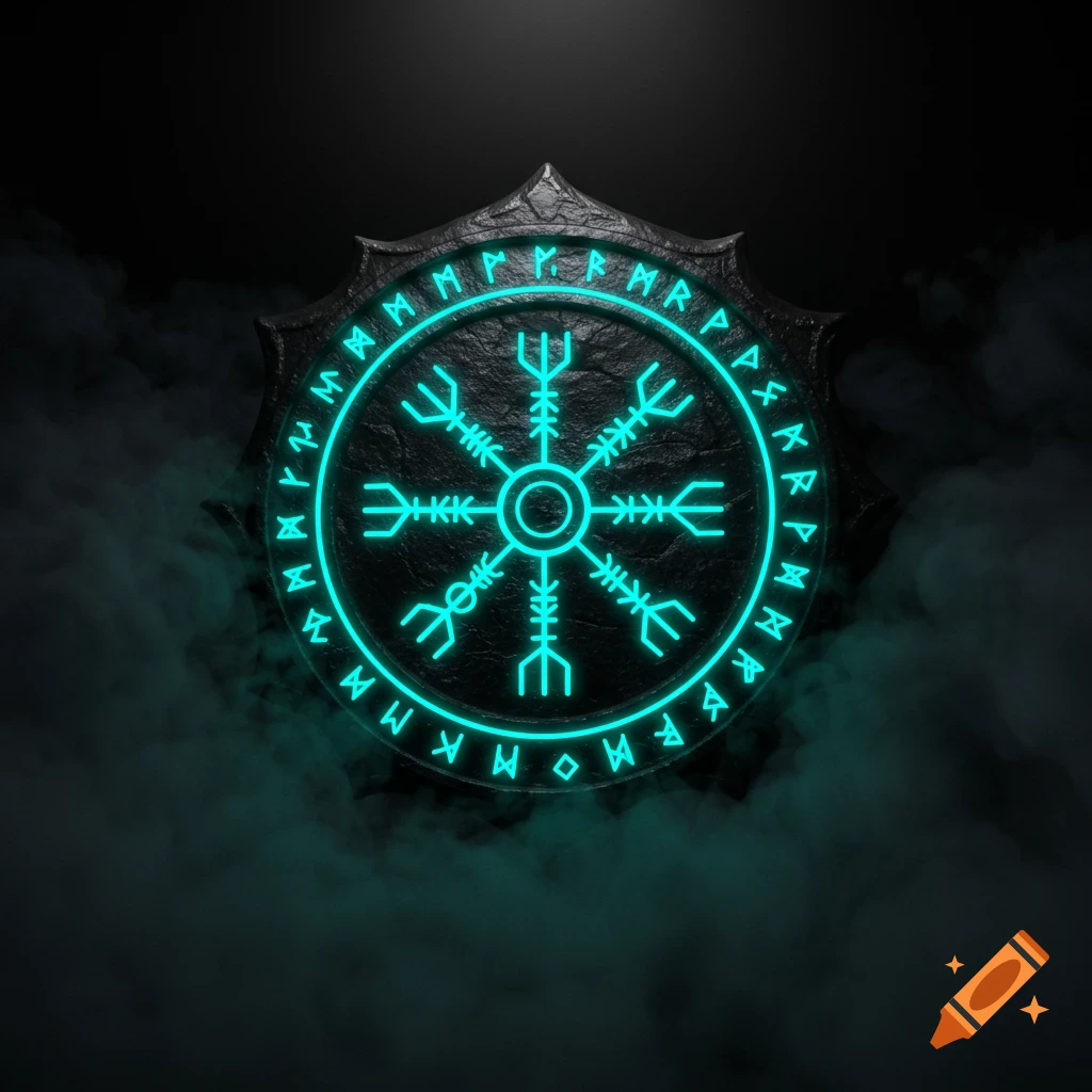 Glowing teal runic emblem on a dark obsidian circular shield, shrouded in mystical mist.