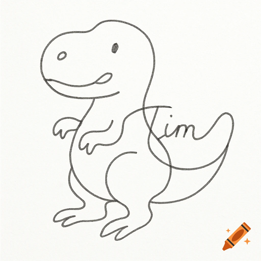 A simple, single-line drawing of a friendly T-Rex with the name 'Tim' integrated into its body.