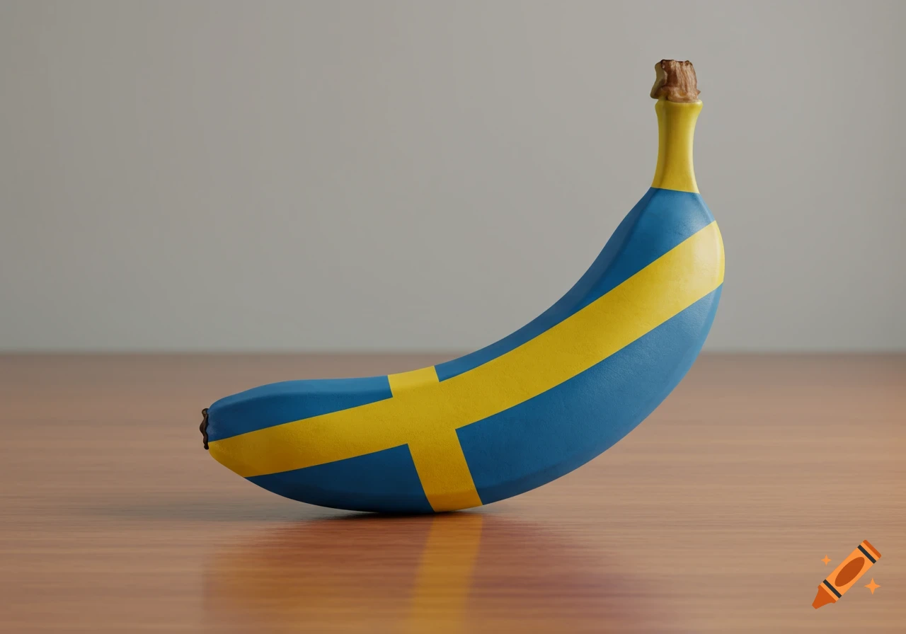 A ripe banana is painted with the blue and yellow colors and cross design of the Swedish flag, resting on a wooden table.