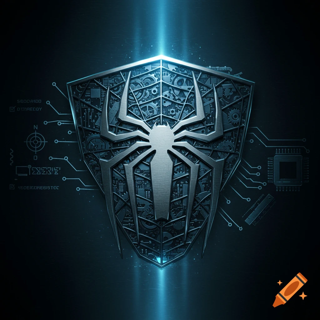 A metallic Spiderman logo in the form of a shield, detailed with gears and circuit board elements, against a dark background with glowing blue lines.