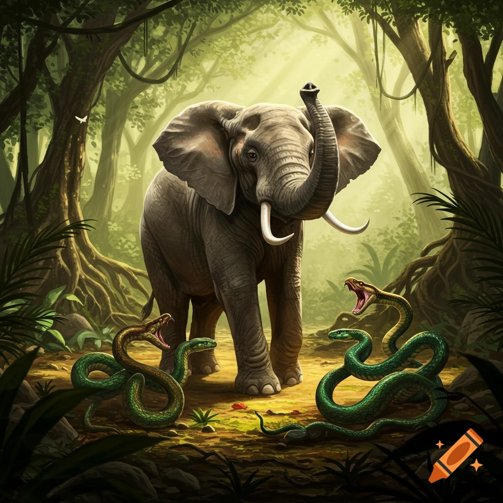 A large elephant with raised trunk confronts three aggressive snakes in a vibrant, sunlit jungle, rendered in a detailed fantasy art style.