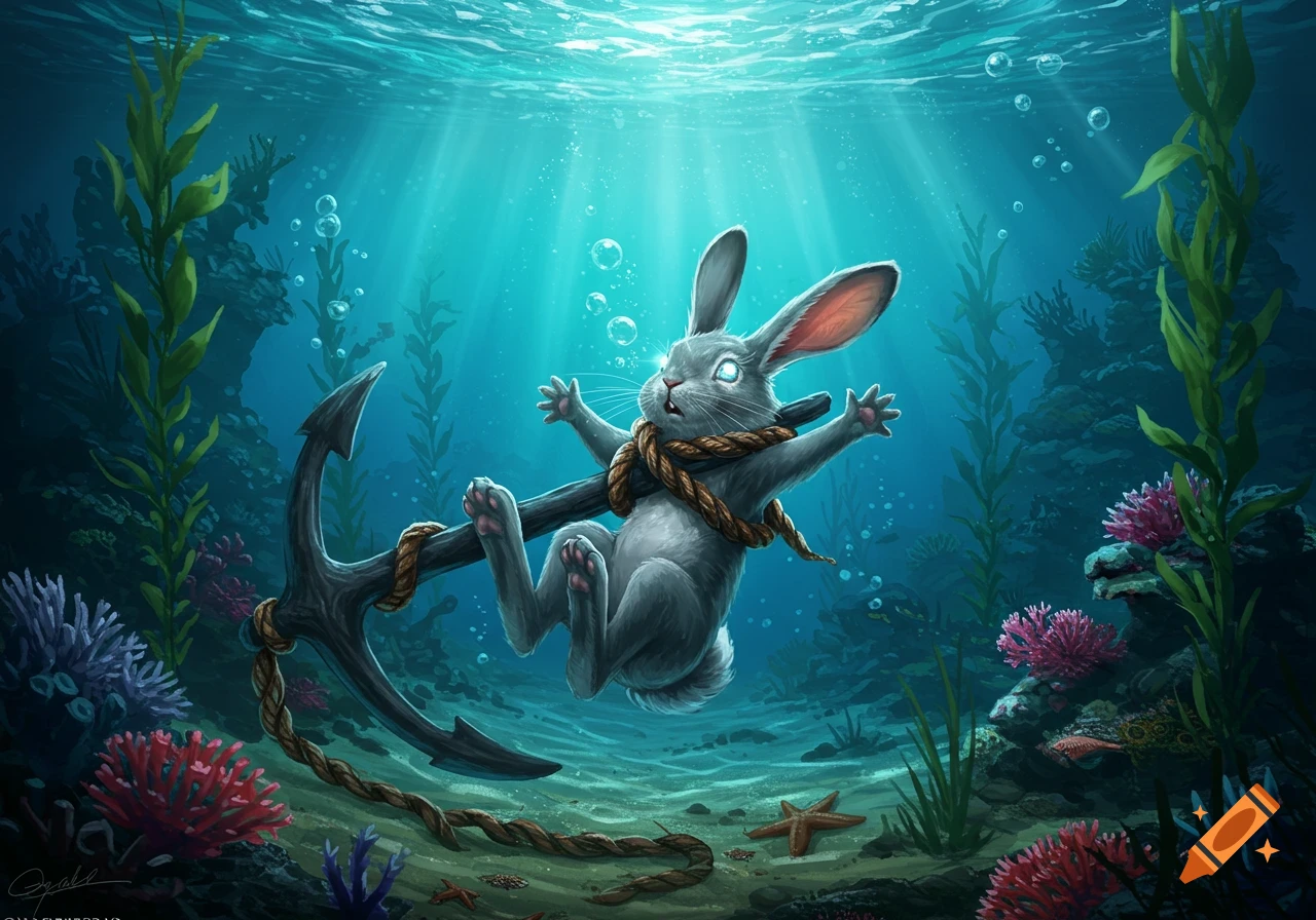 A grey bunny with glowing eyes is tied to a large anchor by a rope, floating distressed in a deep blue ocean with kelp and coral.
