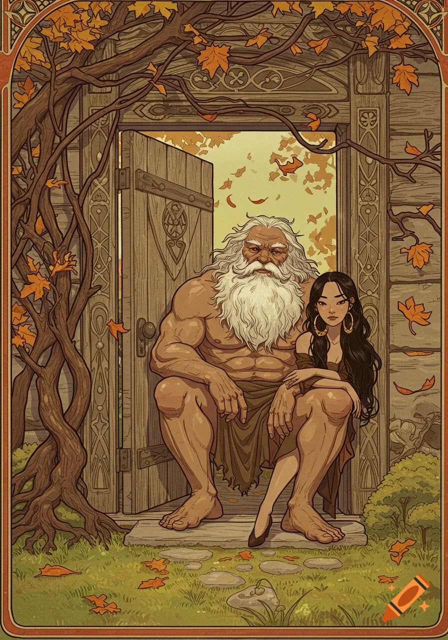An Art Nouveau illustration of a strong, muscular man with a long white beard and a young woman with dark hair and hoop earrings, sitting in a wooden doorway with autumn leaves around them.