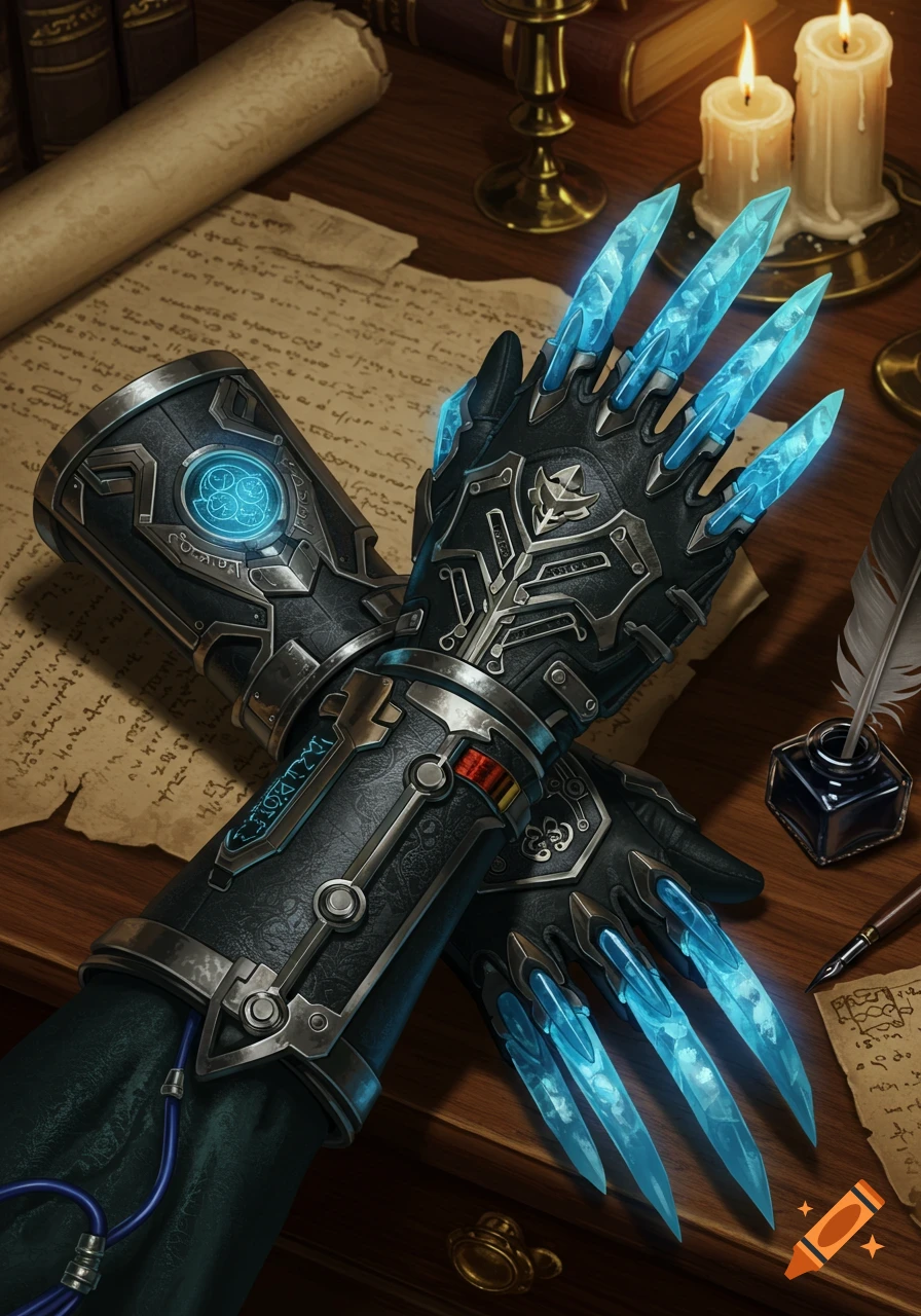 A pair of ornate arcanotech gloves with glowing blue crystal claws rests on a wooden desk with old scrolls, candles, and an inkwell.