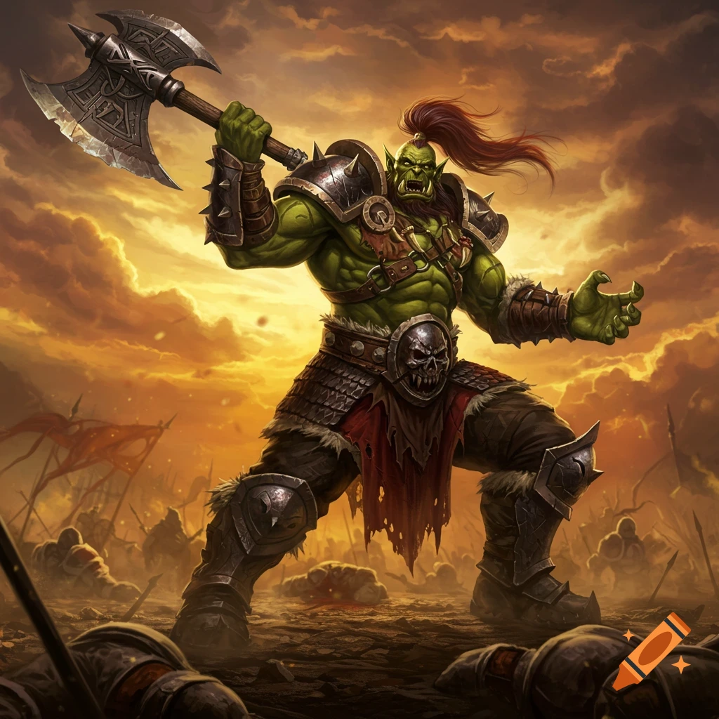 A muscular green orc warrior with an axe in an action pose on a battlefield with fallen figures under a dramatic orange sky.