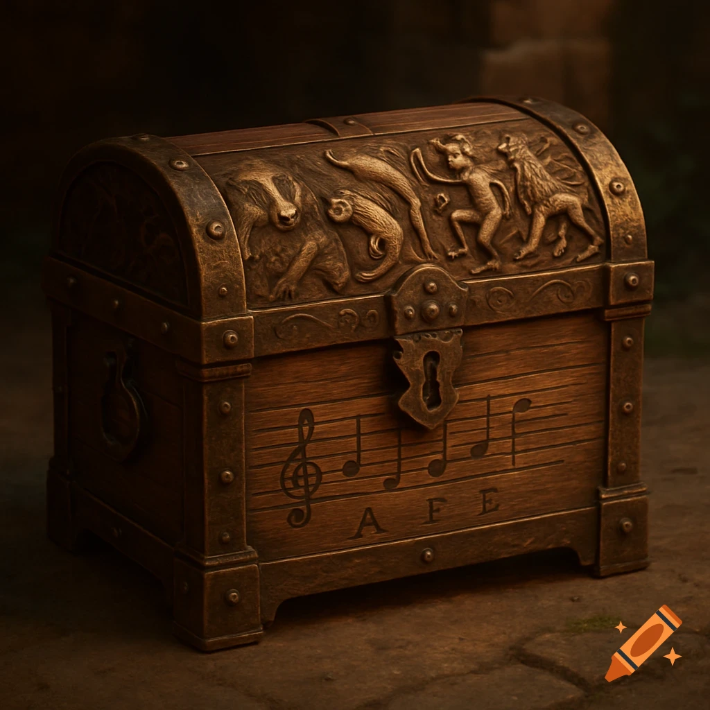A medieval-style treasure chest with carved animals on its lid and a musical staff with letters A F E on the front.