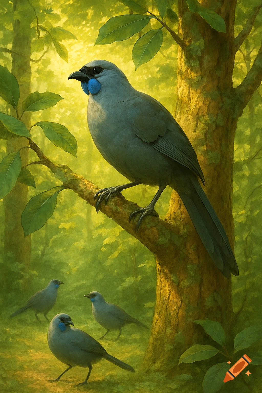 A grey Kokako bird with blue wattles perches on a tree branch, while three other Kokako stand on the forest floor in a sunlit, painterly style.