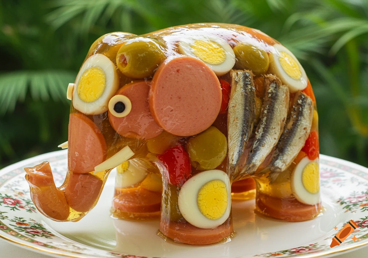 Photorealistic image of an elephant-shaped aspic filled with hotdogs, eggs, olives, red peppers, and sardines, on a floral plate.