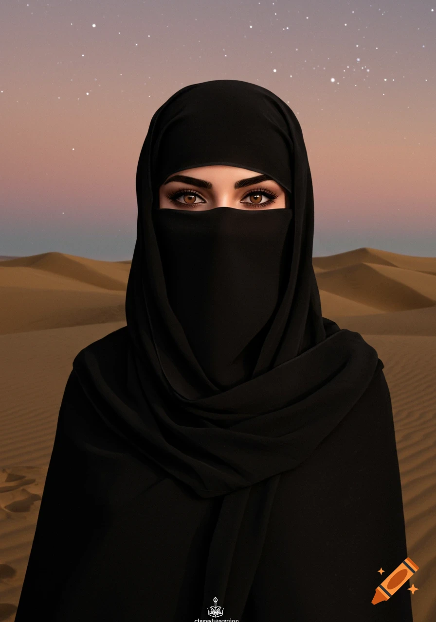 A photorealistic portrait of a woman in a black niqab, revealing only her brown eyes, in a desert at sunset under a starry sky.