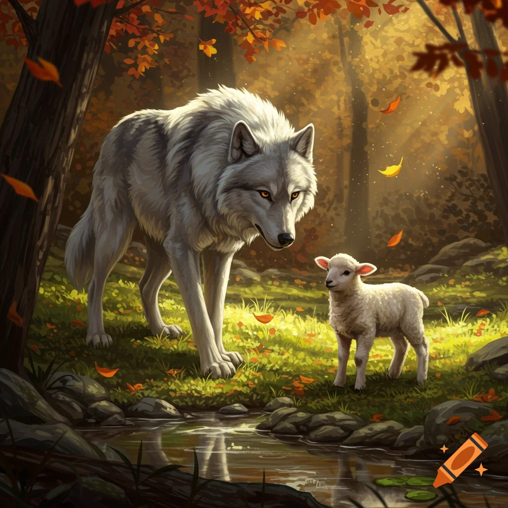 A majestic grey wolf stands near a small white lamb by a stream in a sunlit autumn forest, digital art.
