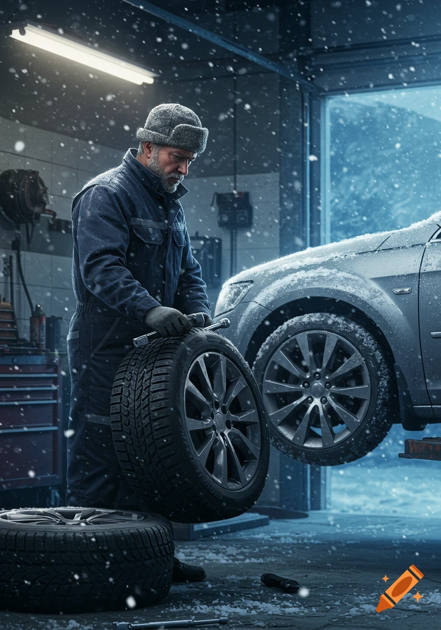 A mechanic wearing a winter hat and gloves changes a snowy tire on a car lifted in a garage during a snowfall. Photorealistic style.