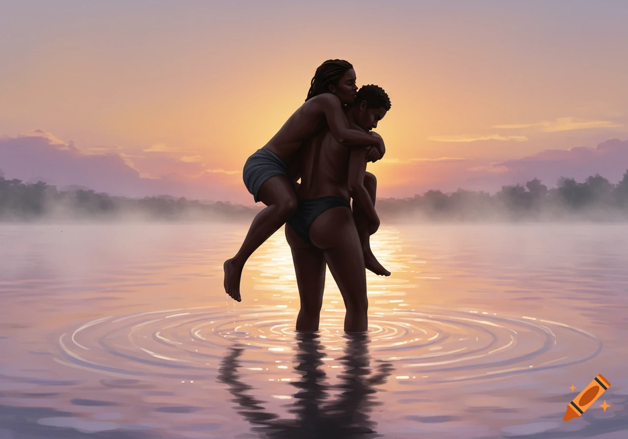 A person giving another a piggyback ride in tranquil water at sunset, with mist rising from the water and colorful sky.