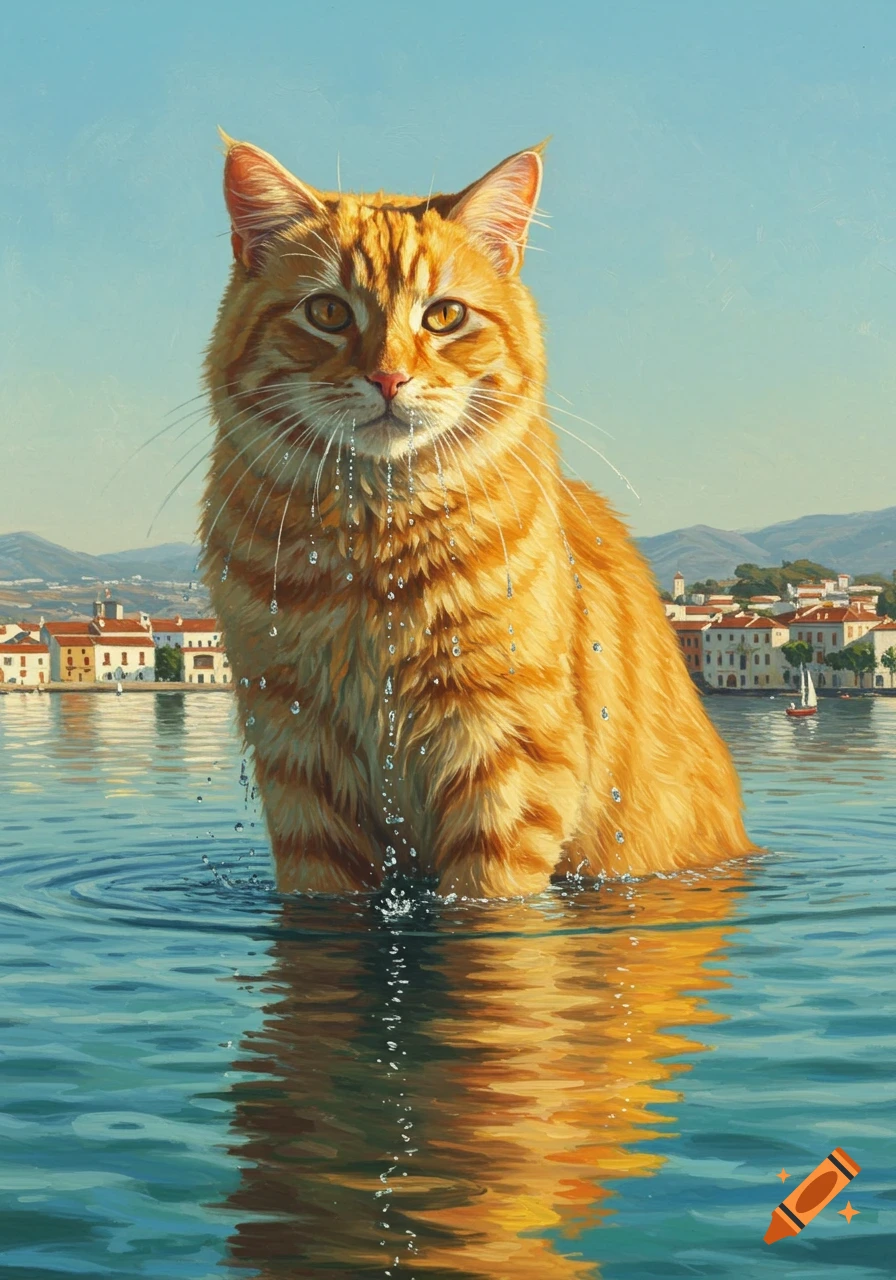 A large orange tabby cat stands in clear blue water with a town and mountains in the background, painted in a vibrant style.