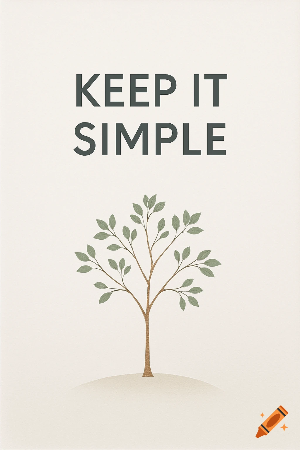 Minimalist motivational poster with 'KEEP IT SIMPLE' text above a simple illustration of a tree on a light background.