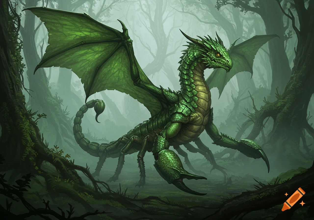 A vibrant green dragon-scorpion hybrid with wings and claws stands in a misty, ancient forest, rendered in a detailed fantasy art style.