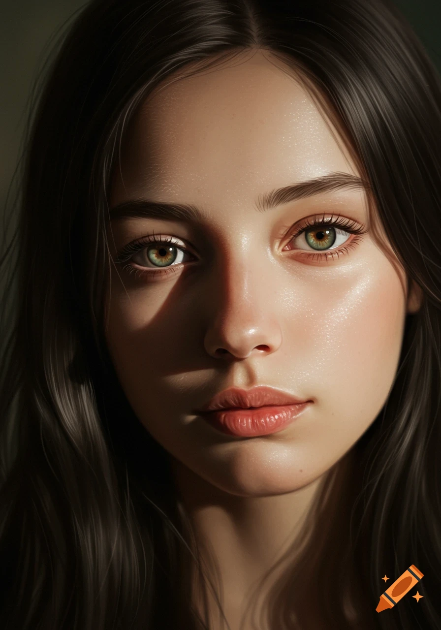 Close-up photorealistic portrait of a young woman with long dark hair, green eyes, and soft natural beauty.