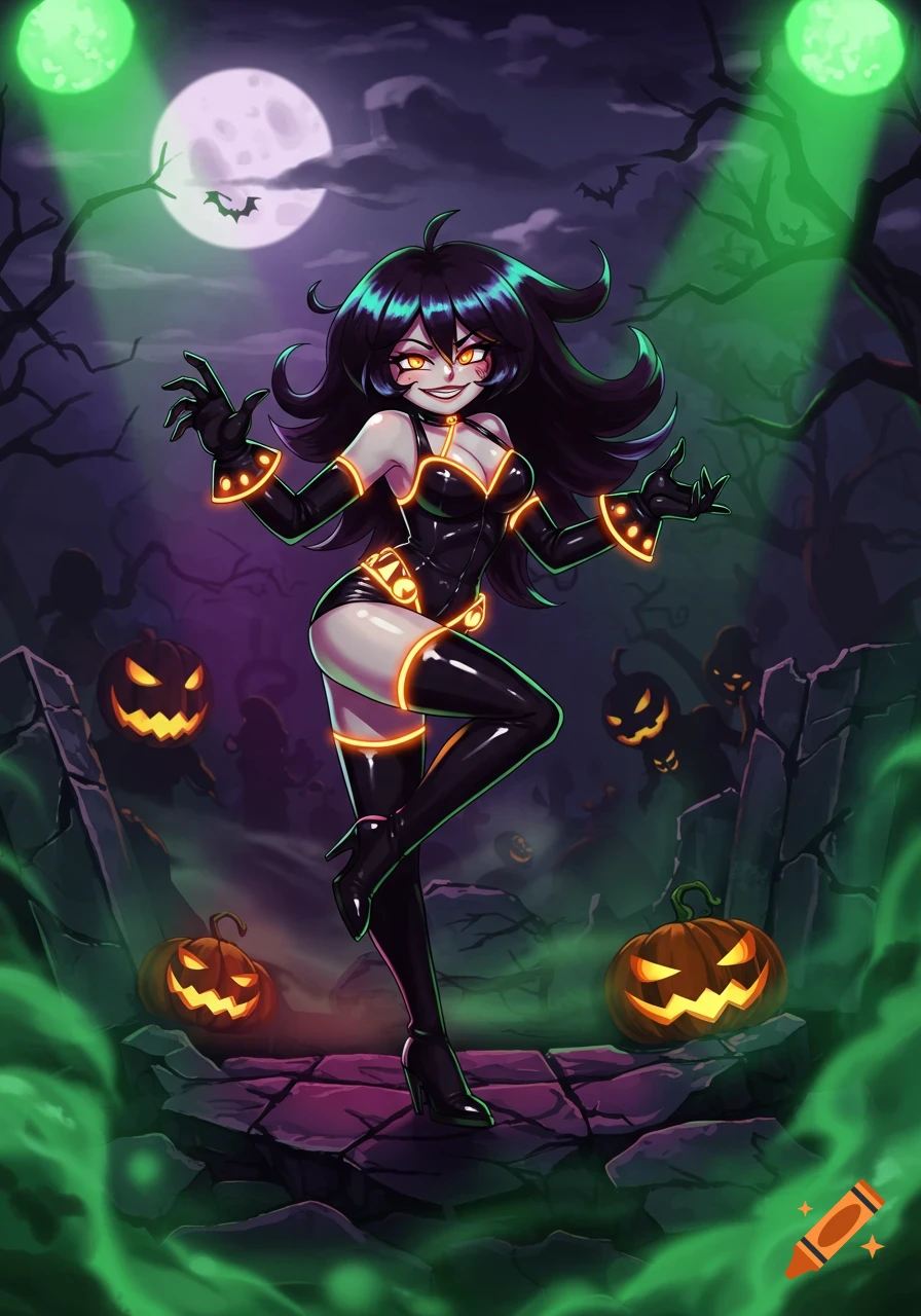 An anime-style character with long dark hair, wearing a shiny black and orange glowing outfit, posing in a spooky Halloween graveyard with jack-o'-lanterns and a full moon.