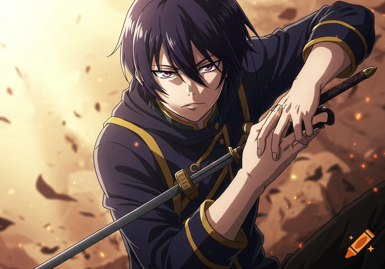 Anime male character with dark purple hair and purple eyes, wearing a dark uniform with gold trim, holding a sword against a warm, dusty background.