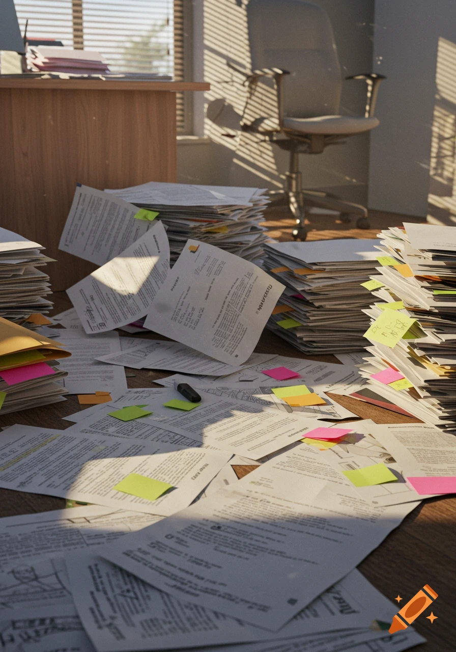 Photorealistic image of a messy office floor covered in scattered papers, stacks of documents, and sticky notes.