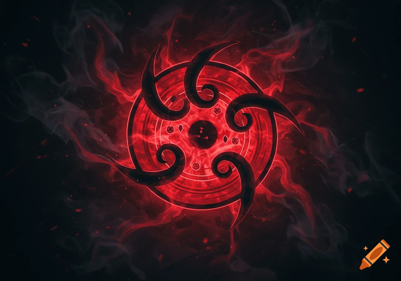 A glowing red and black stylized eye symbol with spiral patterns and smoke on a dark background.