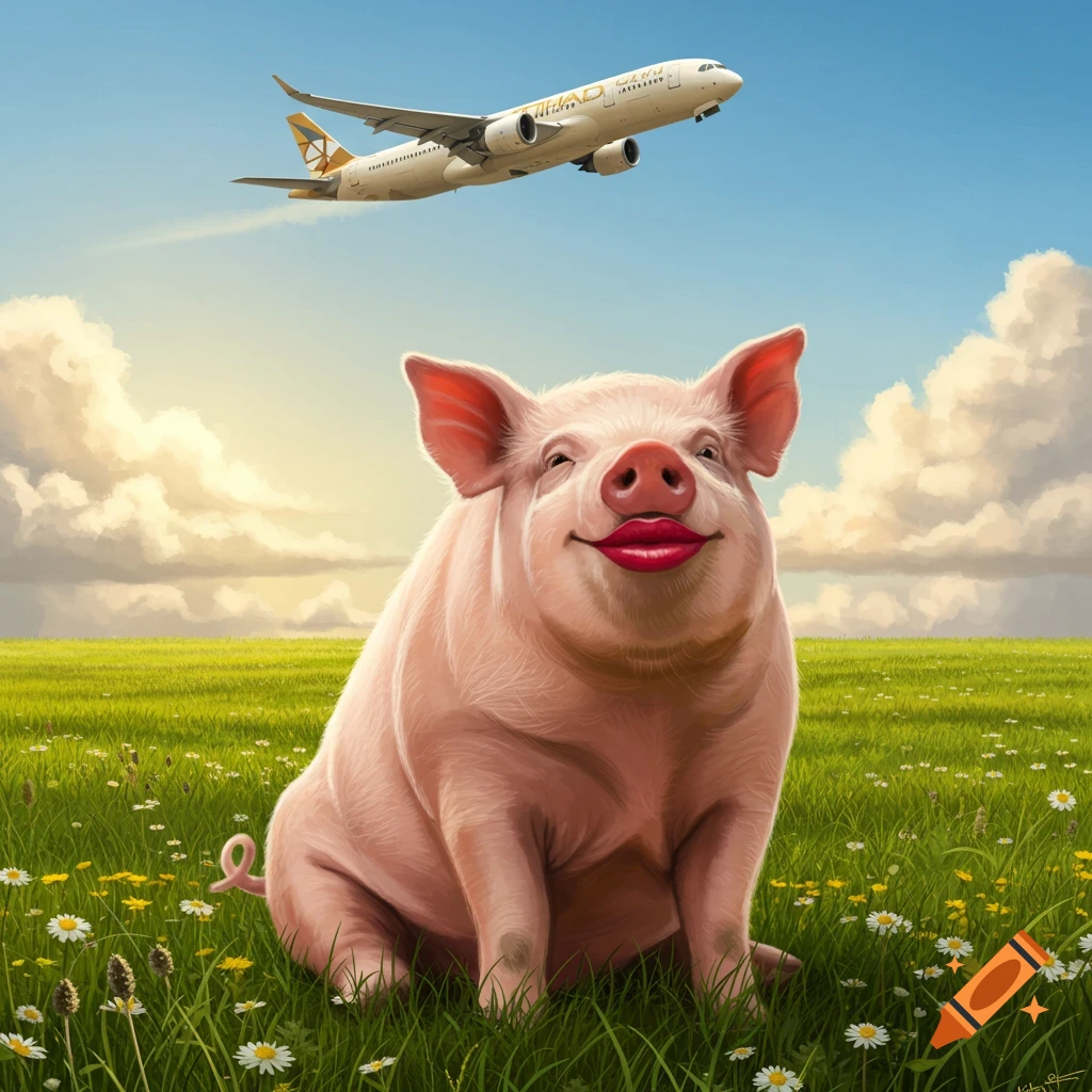 A whimsical illustration of a smiling pig with red lipstick in a grassy field, an Etihad plane flying overhead.