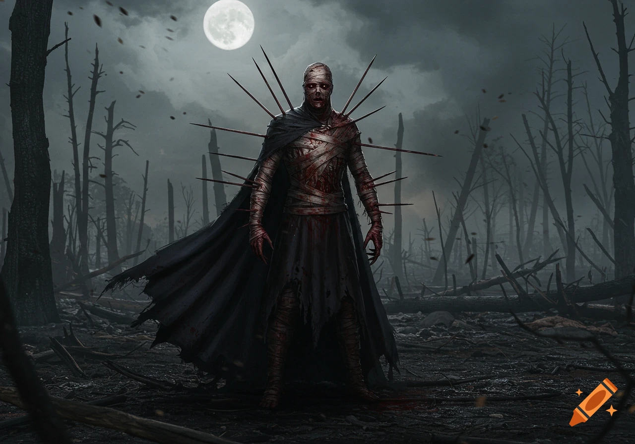 A bandaged, blood-covered figure with spikes piercing its body stands in a dark, destroyed forest under a full moon.