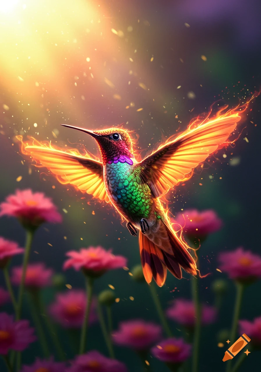 A vibrantly colored hummingbird with glowing, fiery wings hovers among pink flowers, bathed in bright sunlight.