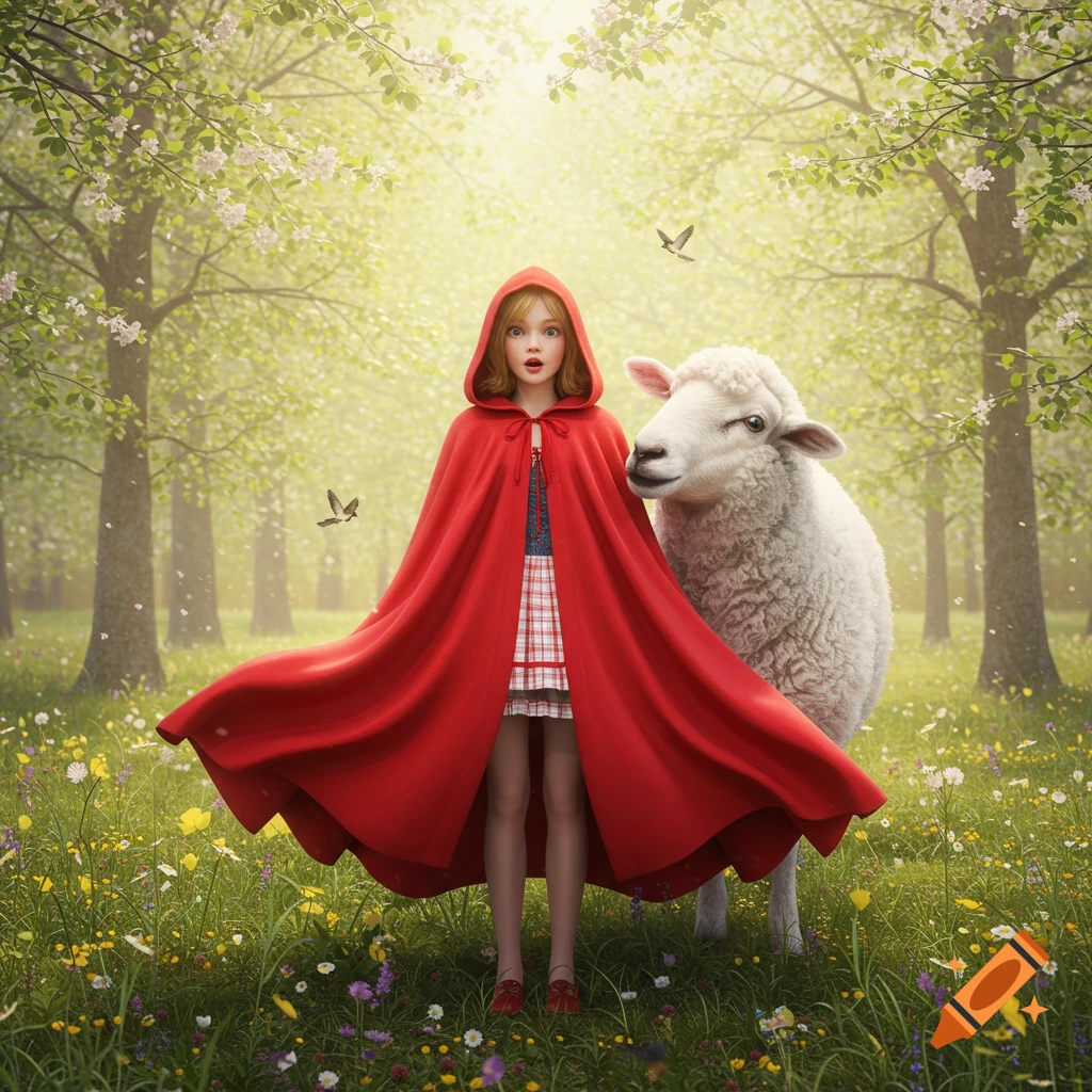 A girl in a red cape with big eyes stands next to a sheep in a sunlit, flowery forest.