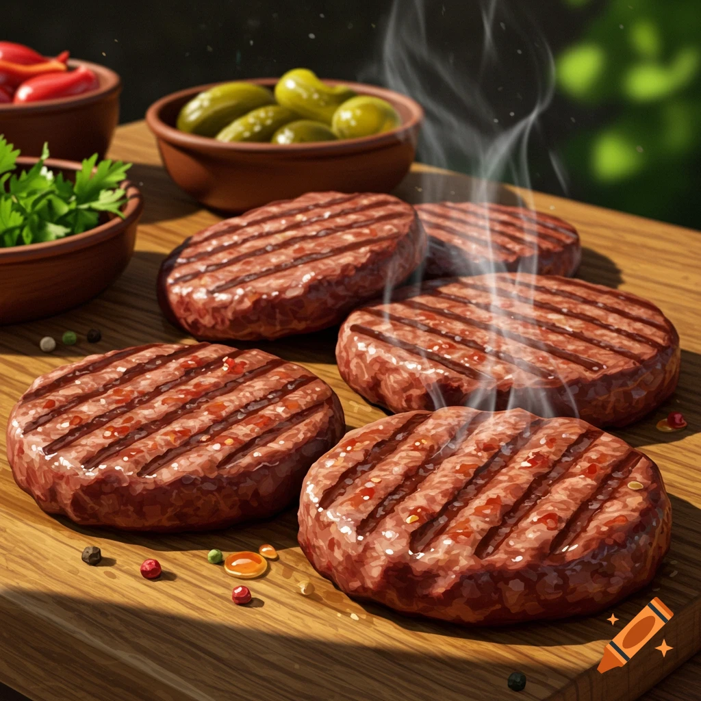 Steaming grilled beef patties on a rustic wooden table with bowls of pickles, red peppers, and parsley.