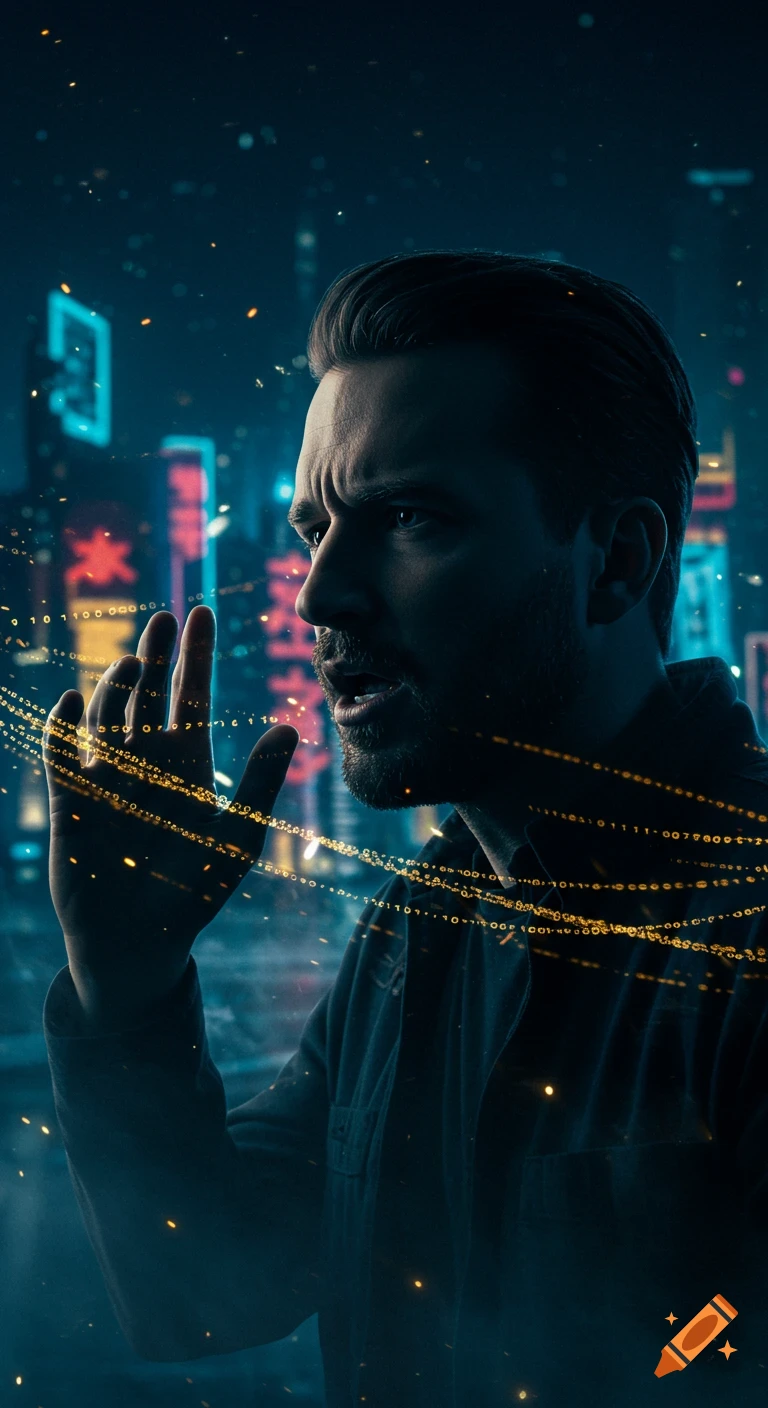 A mysterious man with a beard in a dark, neon-lit futuristic city, golden binary code floating around his outstretched hand.