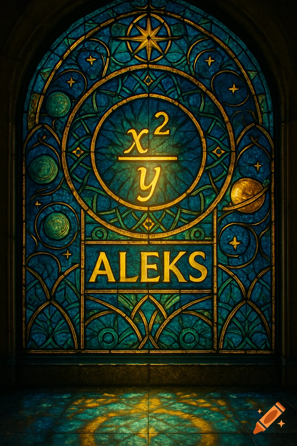 A vibrant stained glass window in blues and golds displays the math equation x2/y and the name ALEKS, with light casting patterns on the floor.