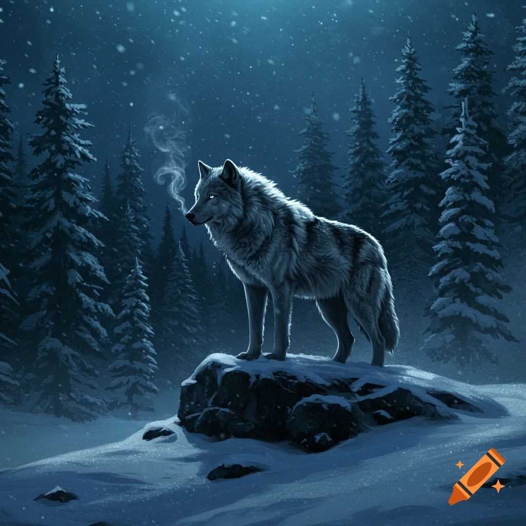 A grey wolf stands on a snowy rock in a dark, moonlit winter forest with falling snow and visible breath. Digital painting.