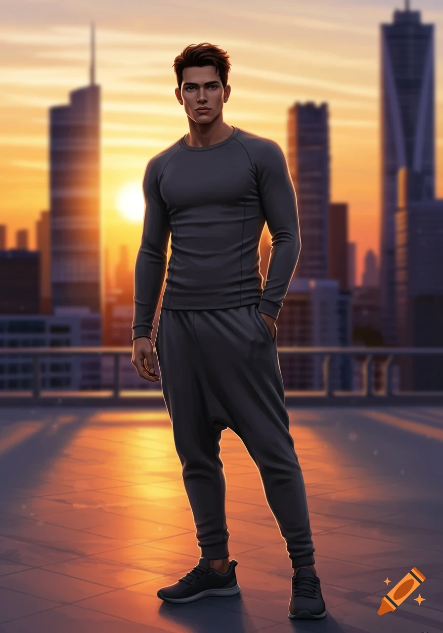 A digitally illustrated male model in dark grey athletic wear stands on a city rooftop at sunset.