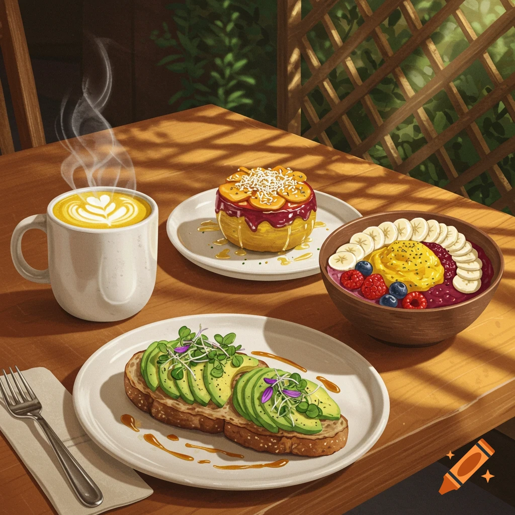 A bright illustration of a table with coffee, avocado toast, a fruit pastry, and an acai bowl.