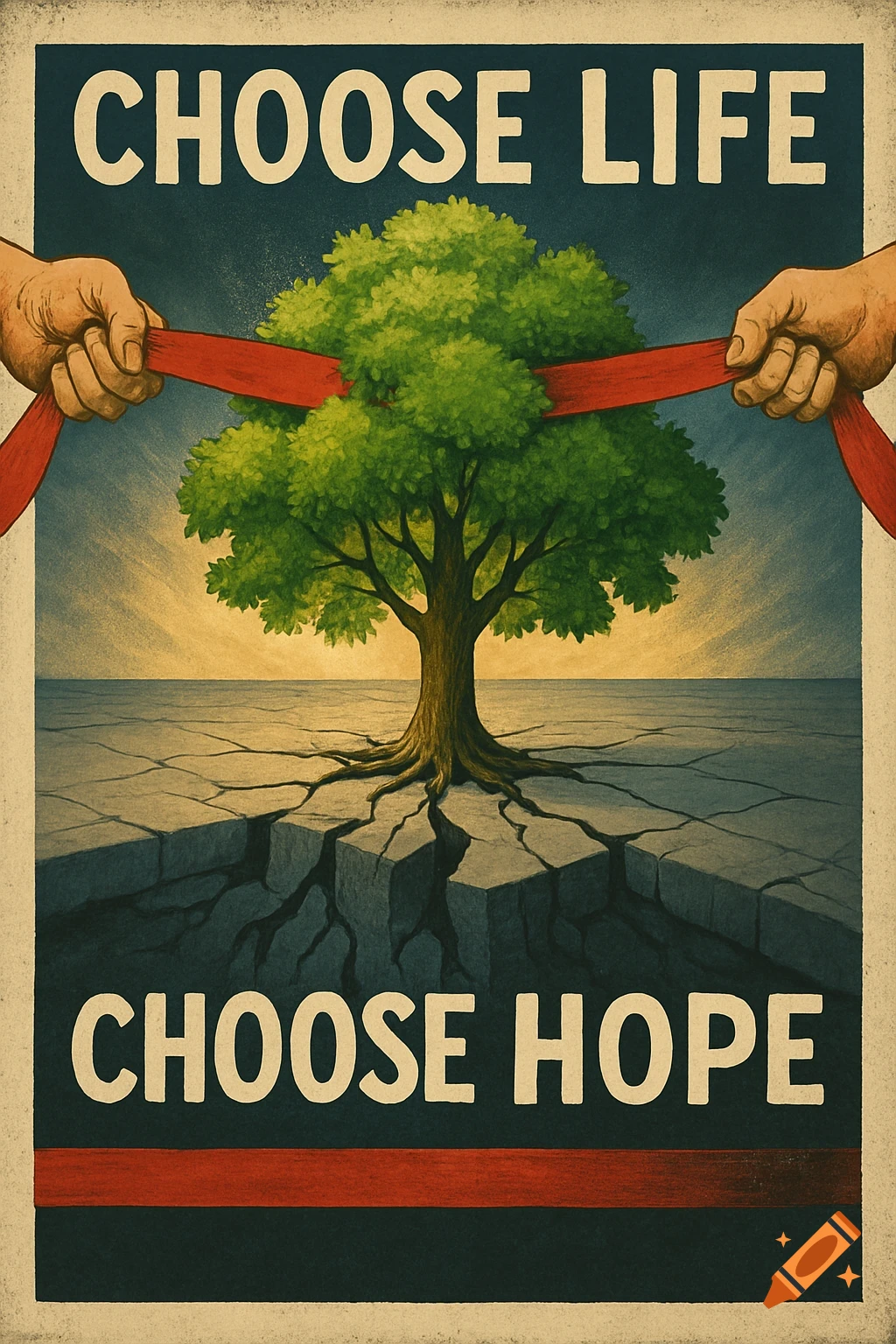 A vintage-style poster shows two hands pulling a red ribbon around a tree with roots breaking cracked ground. Text reads "CHOOSE LIFE" and "CHOOSE HOPE".