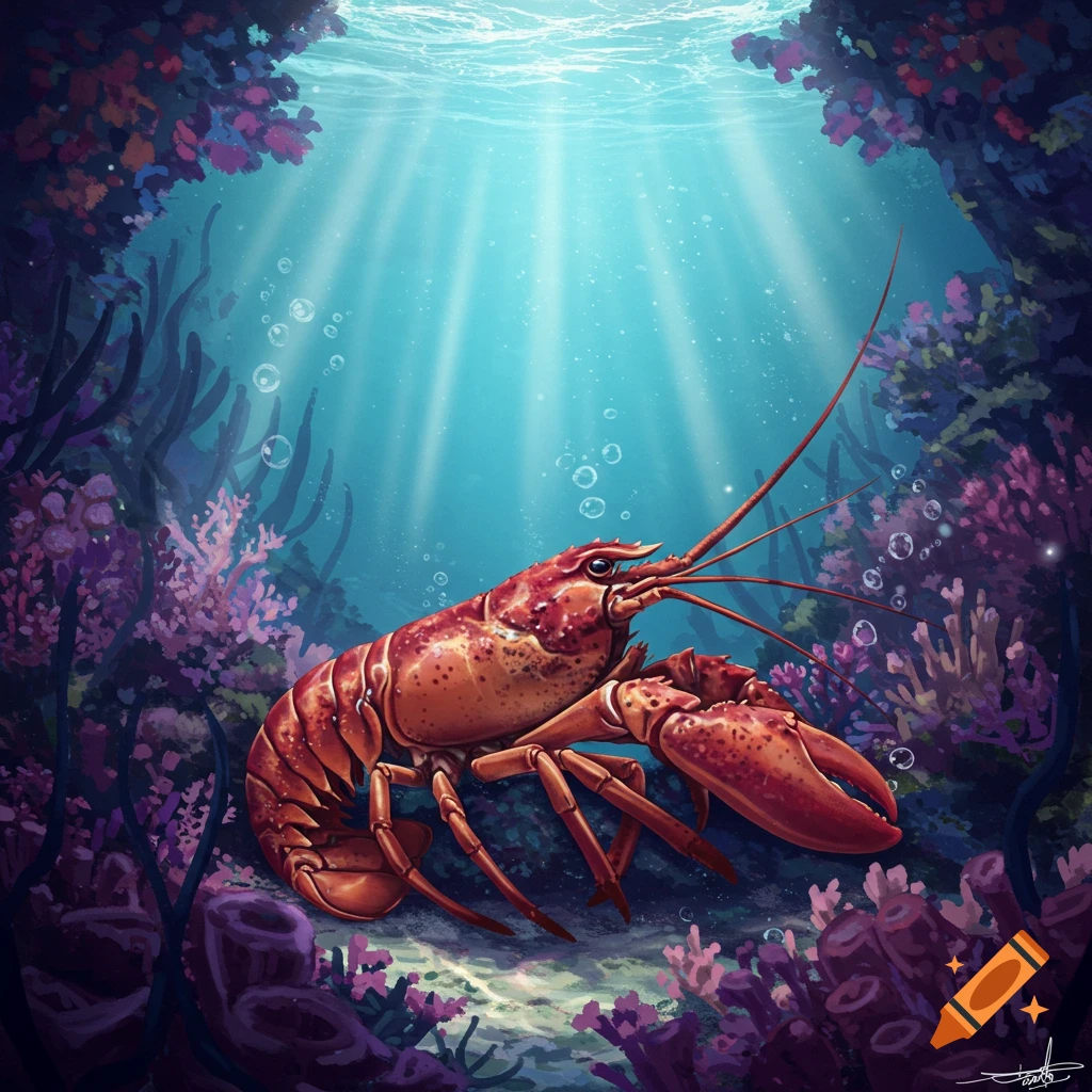 Vibrant illustration of a red lobster resting on the seabed among colorful coral, with sunlight streaming from the water's surface.