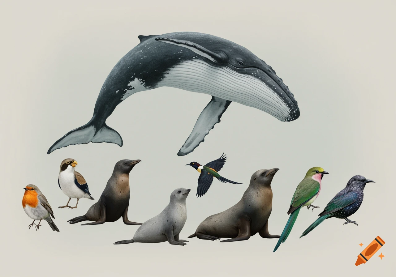 An illustration of a humpback whale, various birds including a robin and a starling, and several seals, all on a light background.
