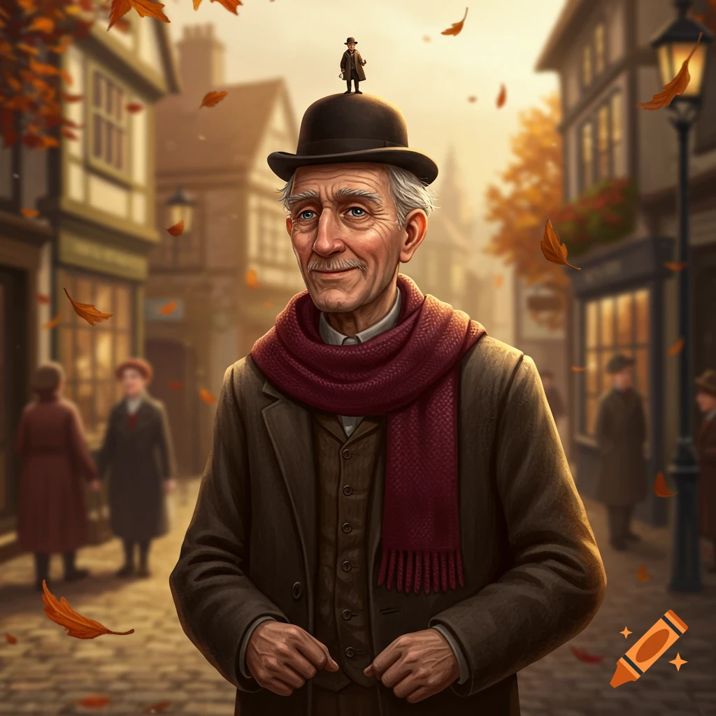 A distinguished old man in a brown coat and red scarf, wearing a bowler hat with a tiny person on top, stands on an autumn street.