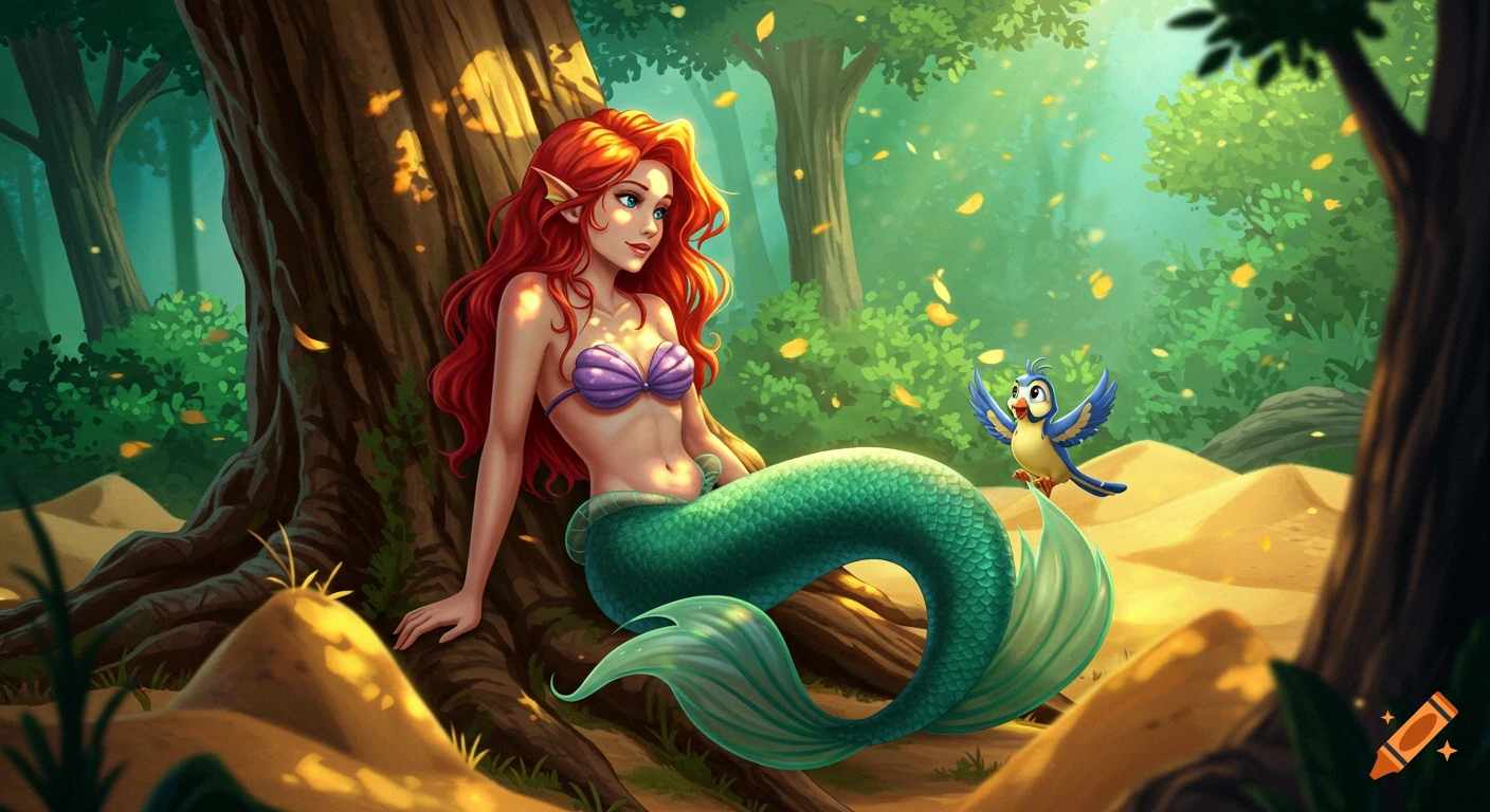 Red-haired mermaid in a purple bikini and green tail sits by a tree with a blue bird in an anime forest scene.