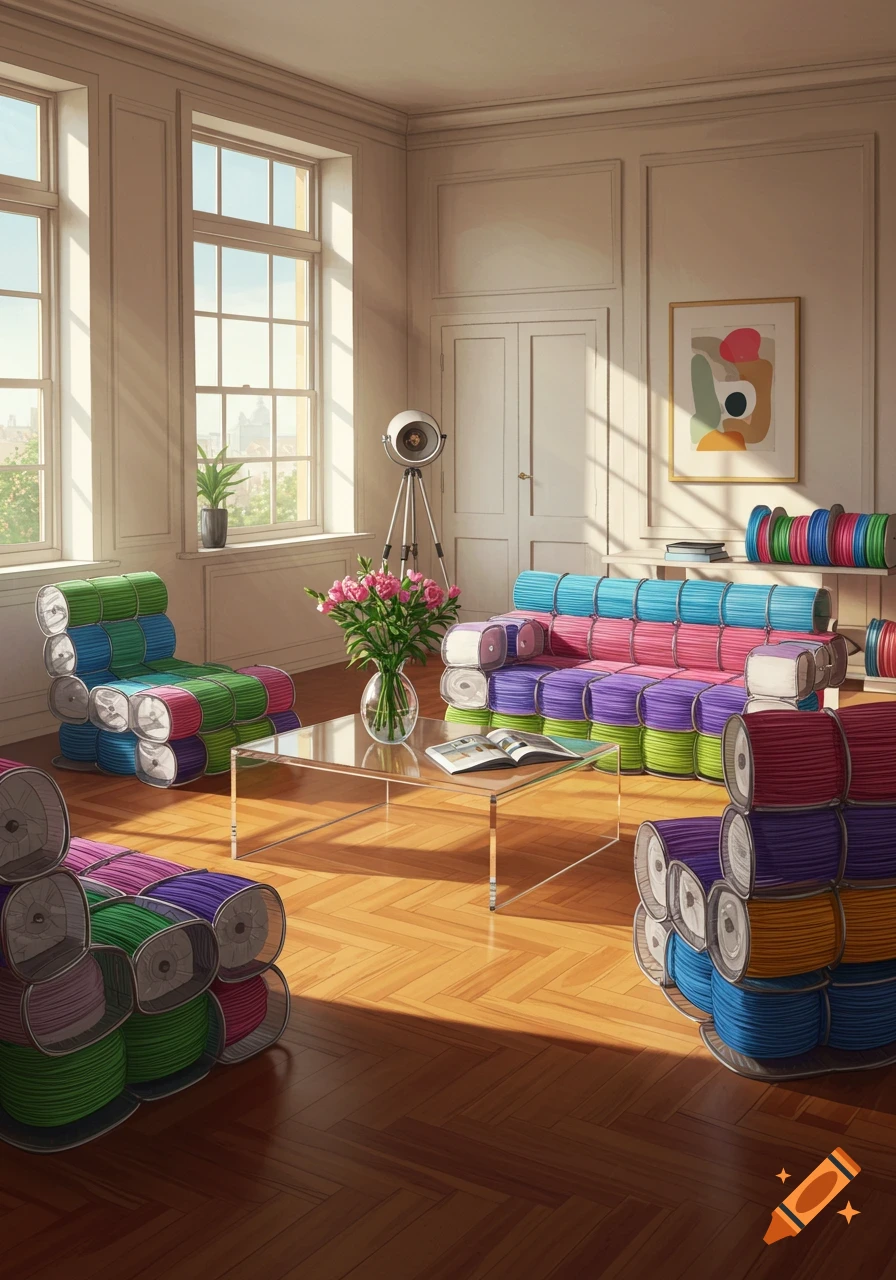 A brightly lit living room featuring chairs and a couch creatively constructed from colorful stacks of 3D printer filament reels.