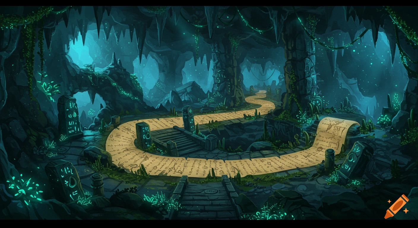 A luminous fantasy cavern with a path of ancient script winding through glowing plants and mystical stone pillars.