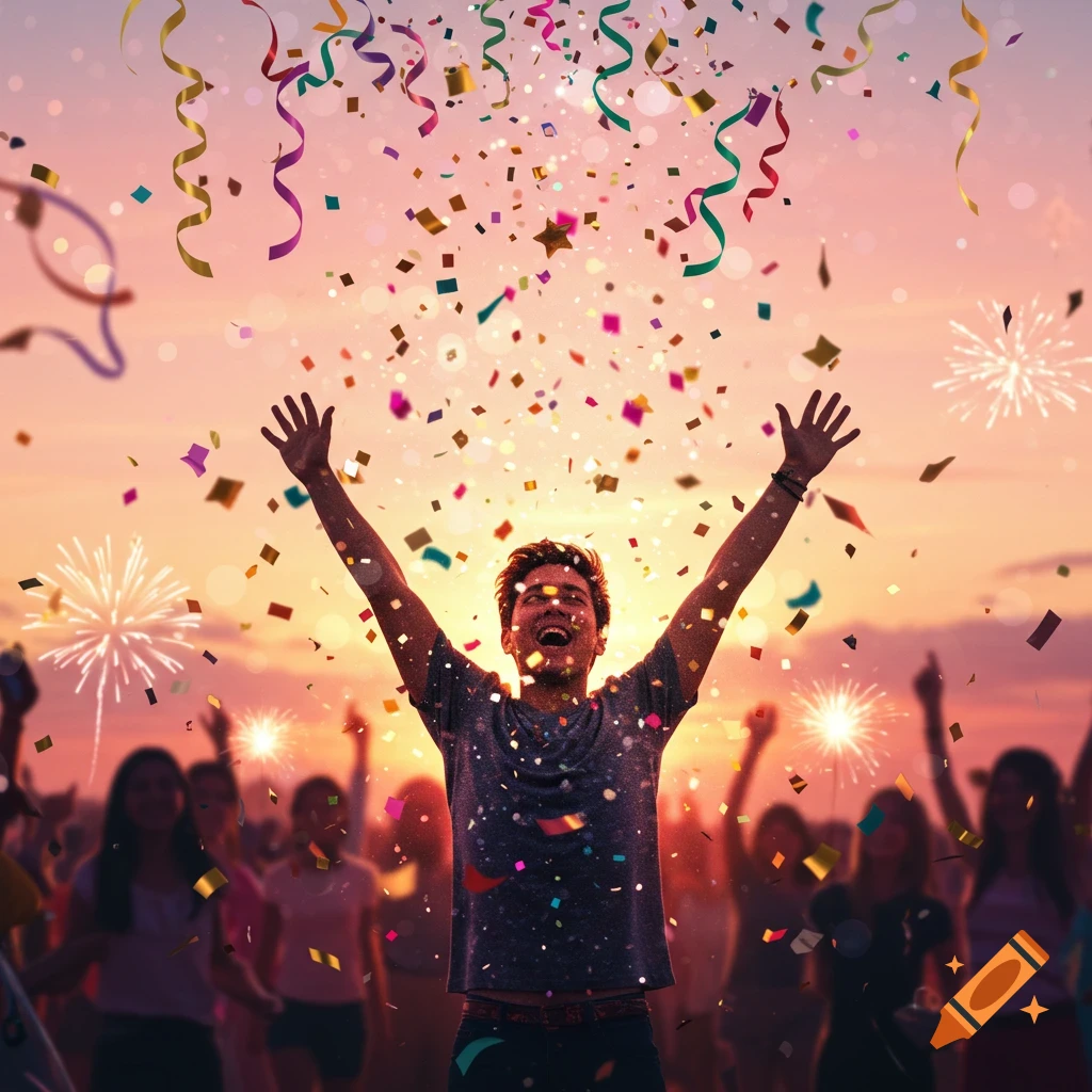 A man celebrating with arms raised amidst falling confetti and fireworks at sunset, surrounded by a silhouetted crowd.